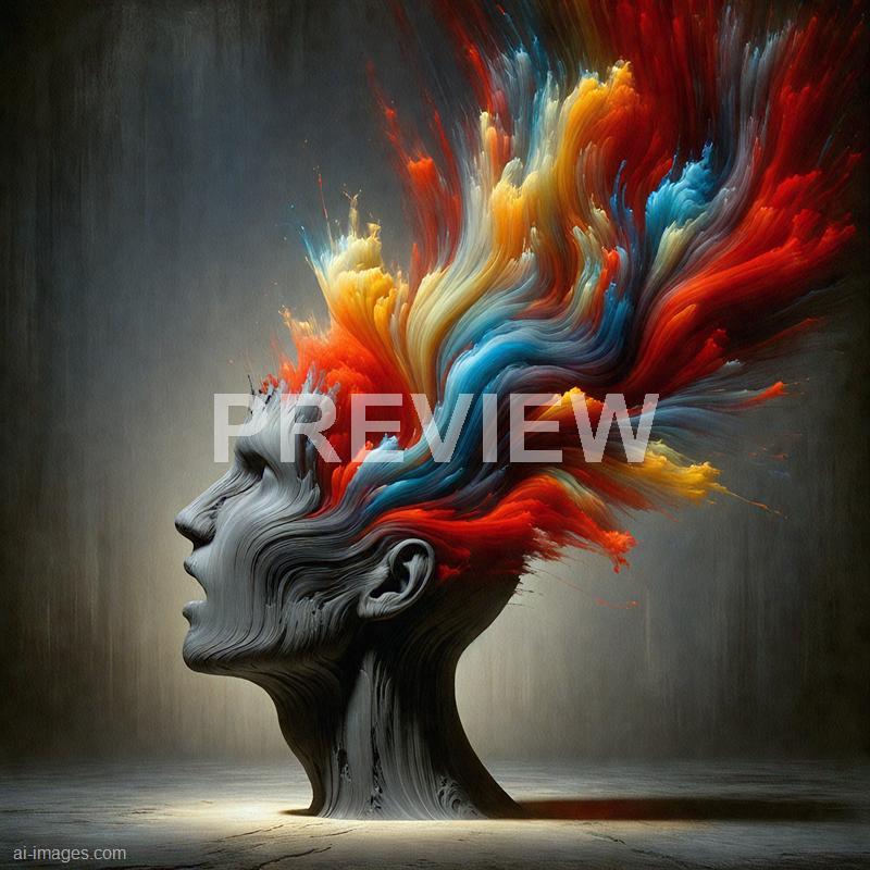 The image depicts a surreal and artistic representation of a human head, with a monochromatic, textured face in profile. From the top of the head, vibrant, flowing tendrils of color—reds, yellows, blues, and whites—burst outward in a dynamic and abstract manner, resembling an explosion or a burst of creative energy. The background is dark and muted, emphasizing the contrast and vividness of the colorful display emanating from the head.